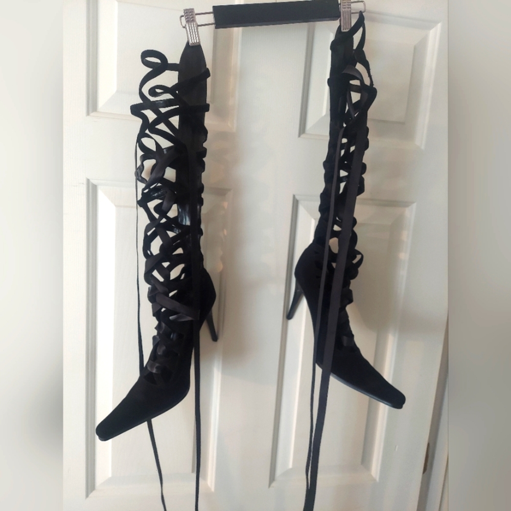 Black suede lace up knee boot size 10